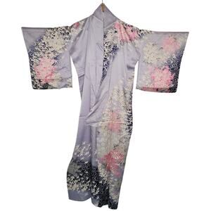 Vintage Silk Tomesode (short sleeve) Kimono Robe Blue Birds Pink White Sakura